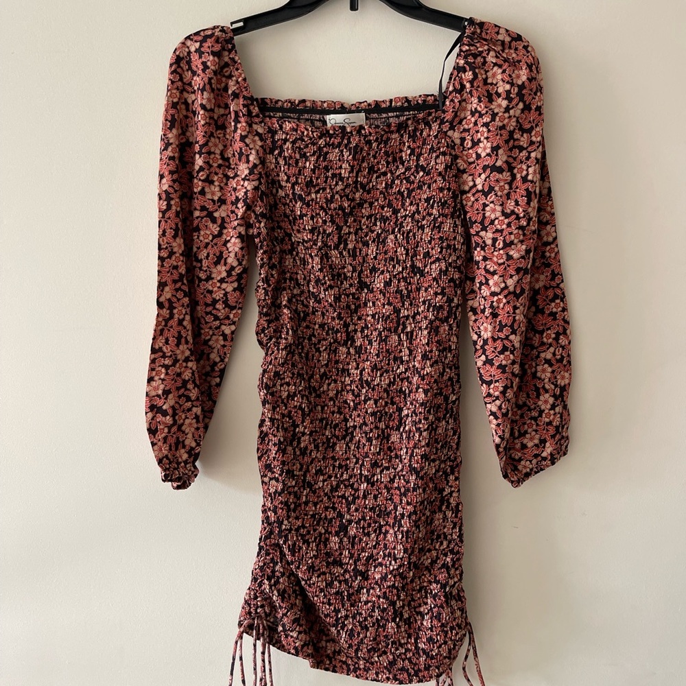 Jessica Simpson Floral Multicolor Smocked Shirred Fitted Square Neck Ruched Dres